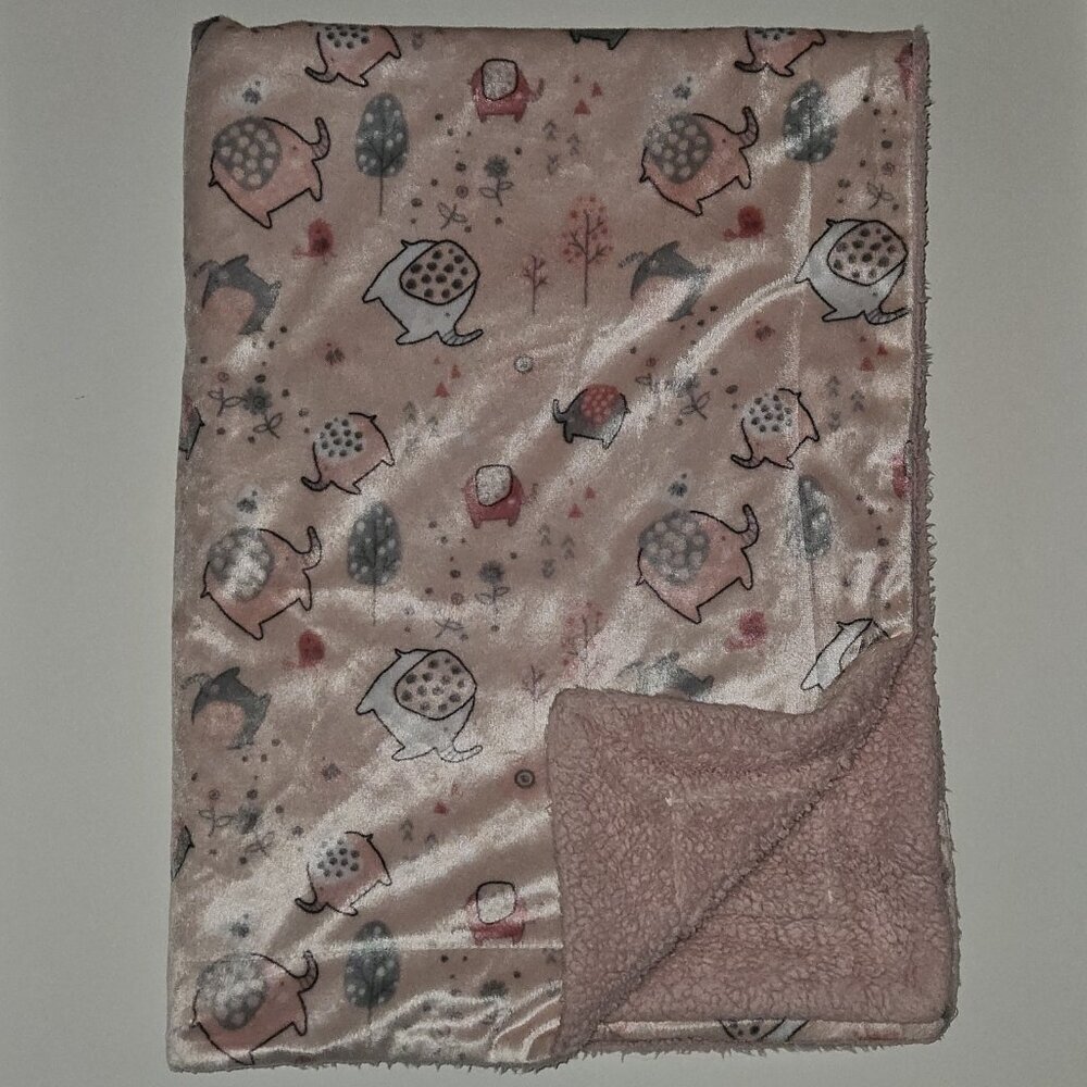 Pink Gray Fleece Baby Blanket Elephants Birds Trees Flowers Leaves White 30x40